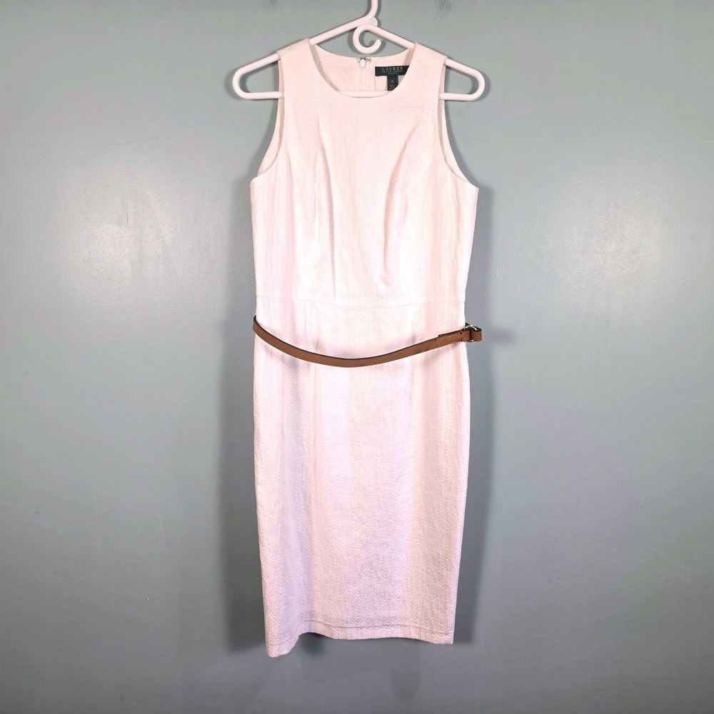 Lauren Ralph Lauren White Textured Cotton Sheath Dress with Belt Size 10